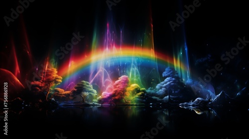 black background, light refraction rainbow overlay