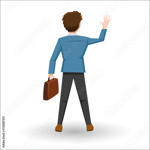 ฺVector or Illustrator of. Businessman in a business suit stands holding a bag and waving his hand. With shadow on isolated white background.