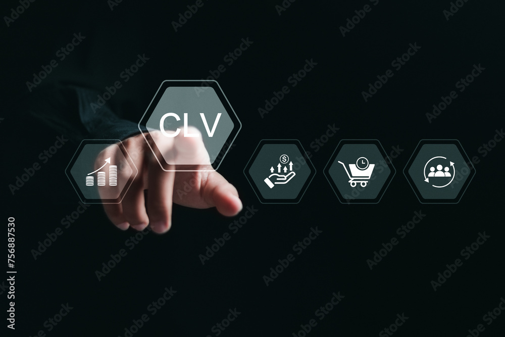 CLV, Customer lifetime value concept. Increasing CLV marketing strategy planning, Businessman touching CLV icon on virtual screen. CLV, Customer lifetime value concept. Increasing CLV marketing strategy planning, Businessman touching CLV icon on virtual screen.