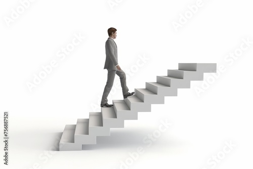 Businessman climbing a staircase with a success graph along the walls, illustrating steady progress and growth in business endeavors, on isolated white background, Generative AI