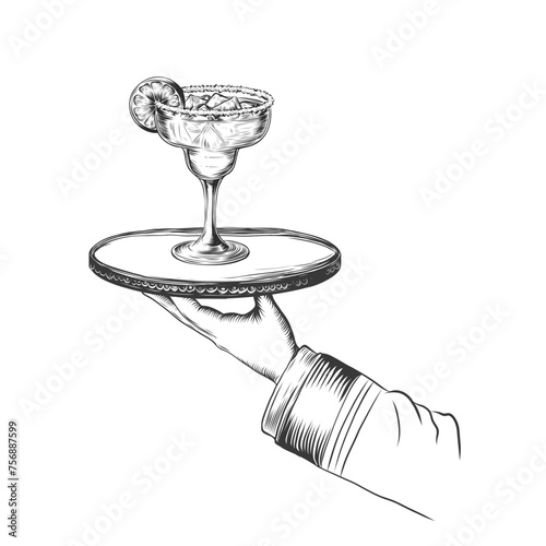 waiter holds serving tray plate and alcohol drinks sketch engraving vector illustration isolated on white background. Scratch board imitation. Black and white monochrome hand drawn image.