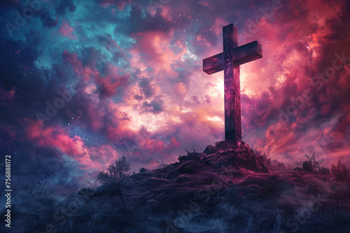 Cross on Calvary mountain at sunset. Resurrection. Crucifixion of Jesus Christ at sunrise. Easter morning, Good Friday. Religion and christianity concept