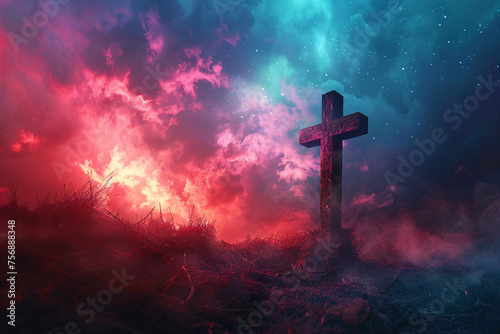 Cross on Calvary mountain at sunset. Resurrection. Crucifixion of Jesus Christ at sunrise. Easter morning, Good Friday. Religion and christianity concept