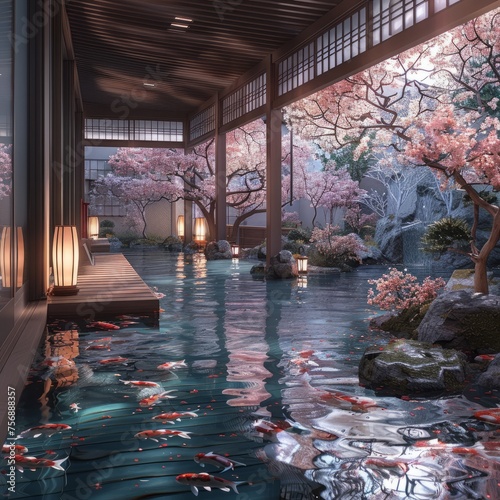 A tranquil Japanese garden with a koi pond  surrounded by cherry blossoms 