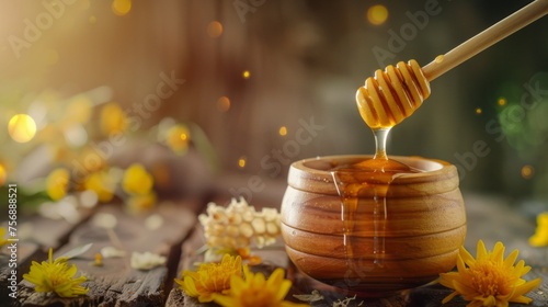 Honey dripping from a wooden honey, a jar and honeycomb on a wooden table, Generative AI