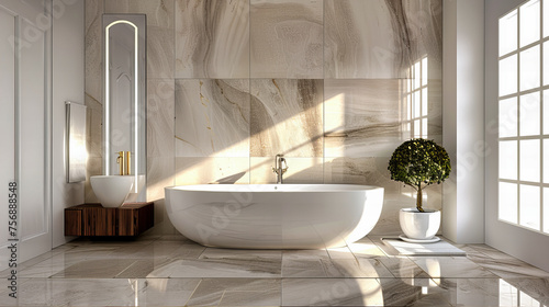 Luxurious Modern Bathroom with Elegant Bathtub  Sleek Design  and Bright Window  Contemporary Home Interior