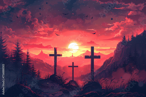 Three crosses silhouette on hill, resurrection. Calvary crucifixion of Jesus Christ at sunrise. Easter morning. Religion and christianity concept for card, banner, poster, background