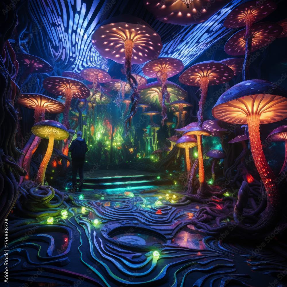 Enchanted Neon Mushroom Forest with Person Exploring

