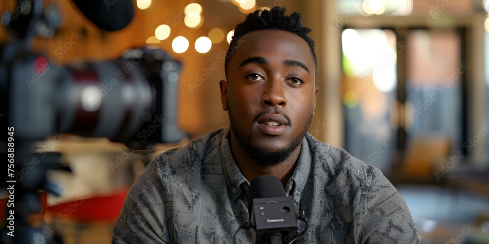 Young African American man filming podcast speaking confidently into microphone on camera. Concept Podcast Recording, Confident Speaker, African American, Video Production, Microphone Recording