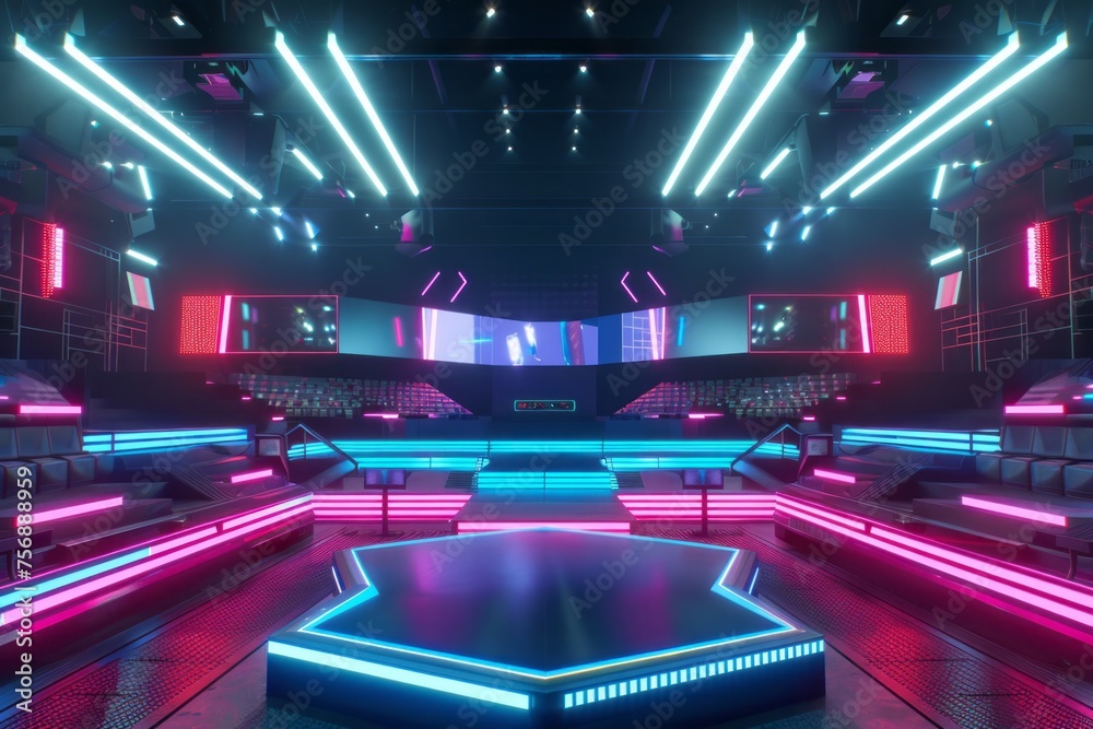 Dynamic e-sport arena with glowing LED panels and colorful spotlights, creating an immersive gaming atmosphere, on isolated white background, Generative AI