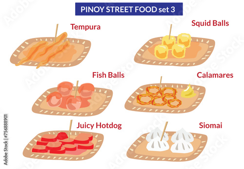 Philippine Street Food on carton plates with toothpick. Editable Clip Art. photo