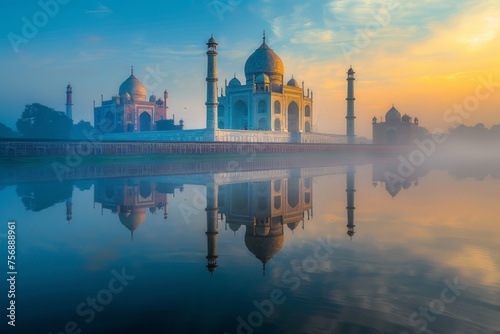 Image of the Taj Mahal at dawn, Agra, India. Reflected in the tranquil Yamuna River © wpw