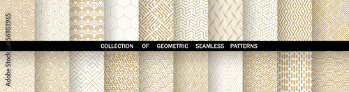 Geometric set of seamless golden and white patterns. Simple vector graphics