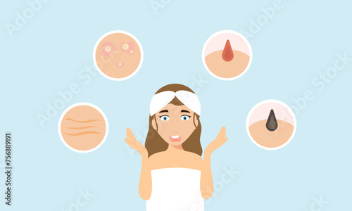 Young girl has skin problems with acne or allergic pimples on her face. Skincare and dermatology concept. Flat style vector illustration.