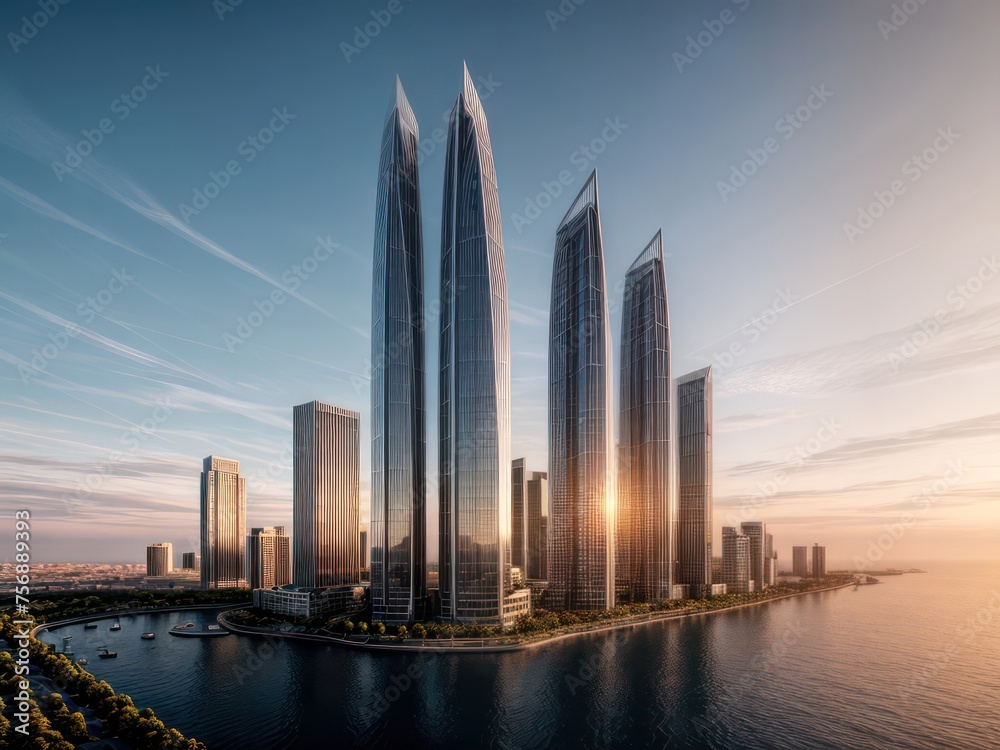 Futuristic city with skyscrapers against the sunset