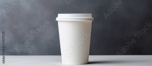 A white porcelain coffee cup with a matching lid is placed on a table along with other drinkware and serveware items