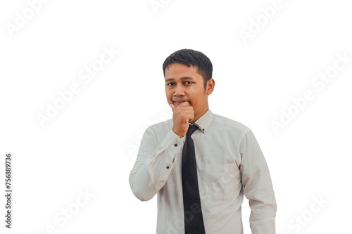 Asian businessman thinking about something while looking front photo