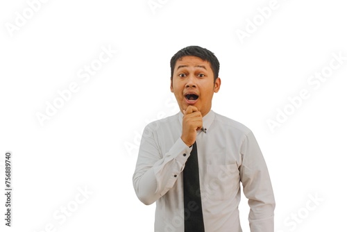 Adult Asian standing and showing shocked face expression photo