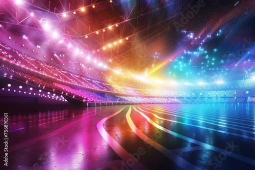 e-sport arena bathed in a rainbow of colors  with dynamic lighting effects and glowing surfaces  capturing the excitement and energy of competitive gaming  on isolated white background  Generative AI