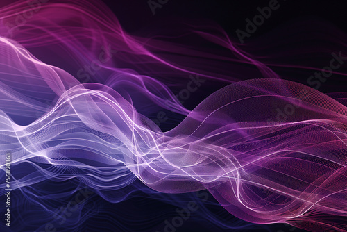 A vivid abstract design with dynamic waves of purple and blue energy flowing across a dark backdrop