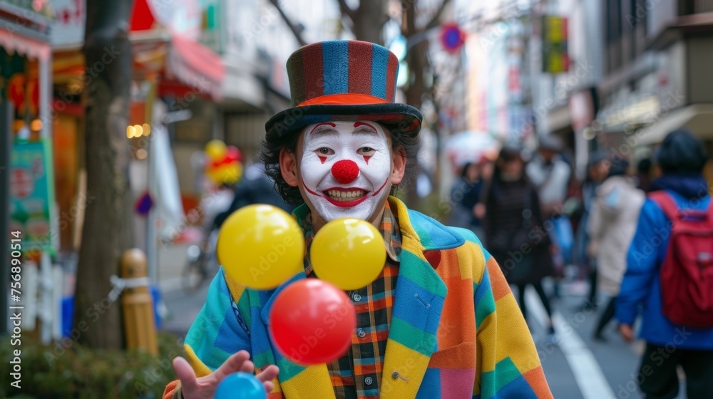 A boy stands on a street corner his face painted white with a bright red nose juggling brightly colored balls to the delight of the small crowd gathered around him. Hes wearing
