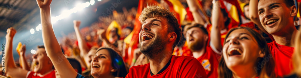 Fototapeta premium Belgian football soccer fans in a stadium supporting the national team, Rode Duivels, Diables Rouges 