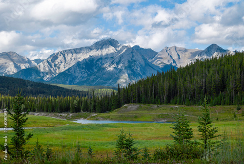 small lake and majestic panorama view of the rockies in Banff, Alberta, Canada