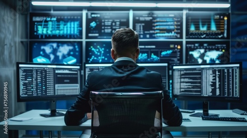 A professional in a suit sitting at a desk surrounded by screens displaying reports and data. The caption reads Legal expert specializing in cyber security law provides businesses photo