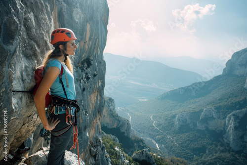 Close-up of young woman standing near sheer cliff edge, abyss below, stunning landscape