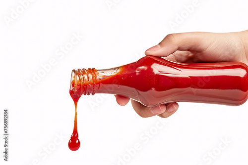 Hands squeezing ketchup and mustard out of plastic bottles, isolated on white background 