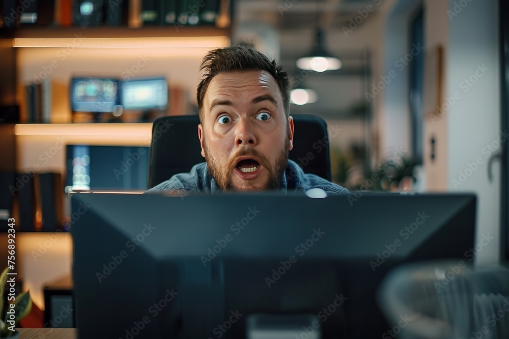 person shock while looking at monitor computer in the office person shock while looking at monitor computer in the office
