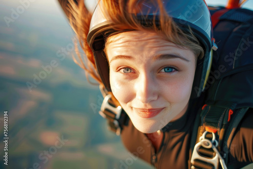 Close-up of a lovely young woman gracefully freefalling before deploying her parachute