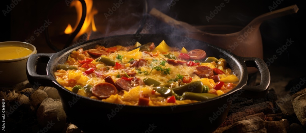 A dish is being cooked in a casserole over a gas fire. Ingredients are being transformed into a delicious cuisine using cookware and bakeware