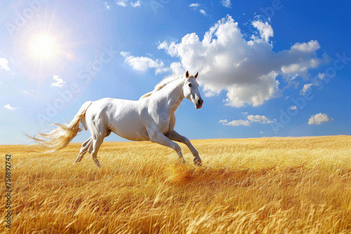 A majestic white horse galloping across a golden field  its mane and tail flowing in the wind