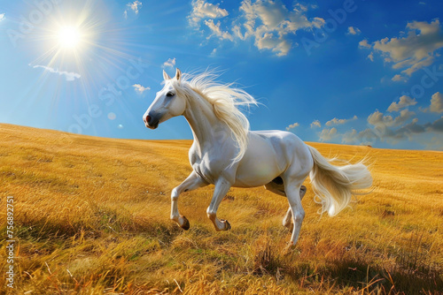 A majestic white horse galloping across a golden field  its mane and tail flowing in the wind