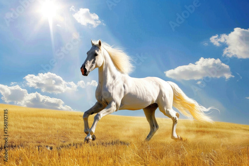 A majestic white horse galloping across a golden field, its mane and tail flowing in the wind © Veniamin Kraskov
