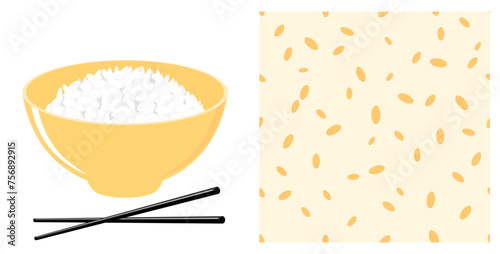 Rice bowl and chopsticks on white background. Seamless pattern with paddy rice seed on yellow background vector.