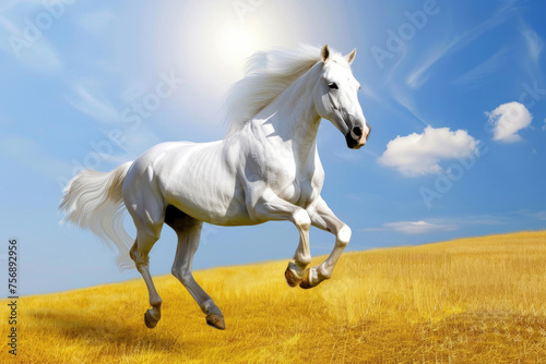 A majestic white horse galloping across a golden field, its mane and tail flowing in the wind © Venka