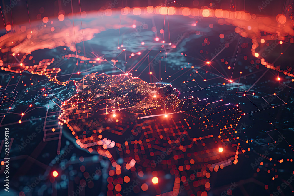 Global communication and international connections. World map with connected lines and dots