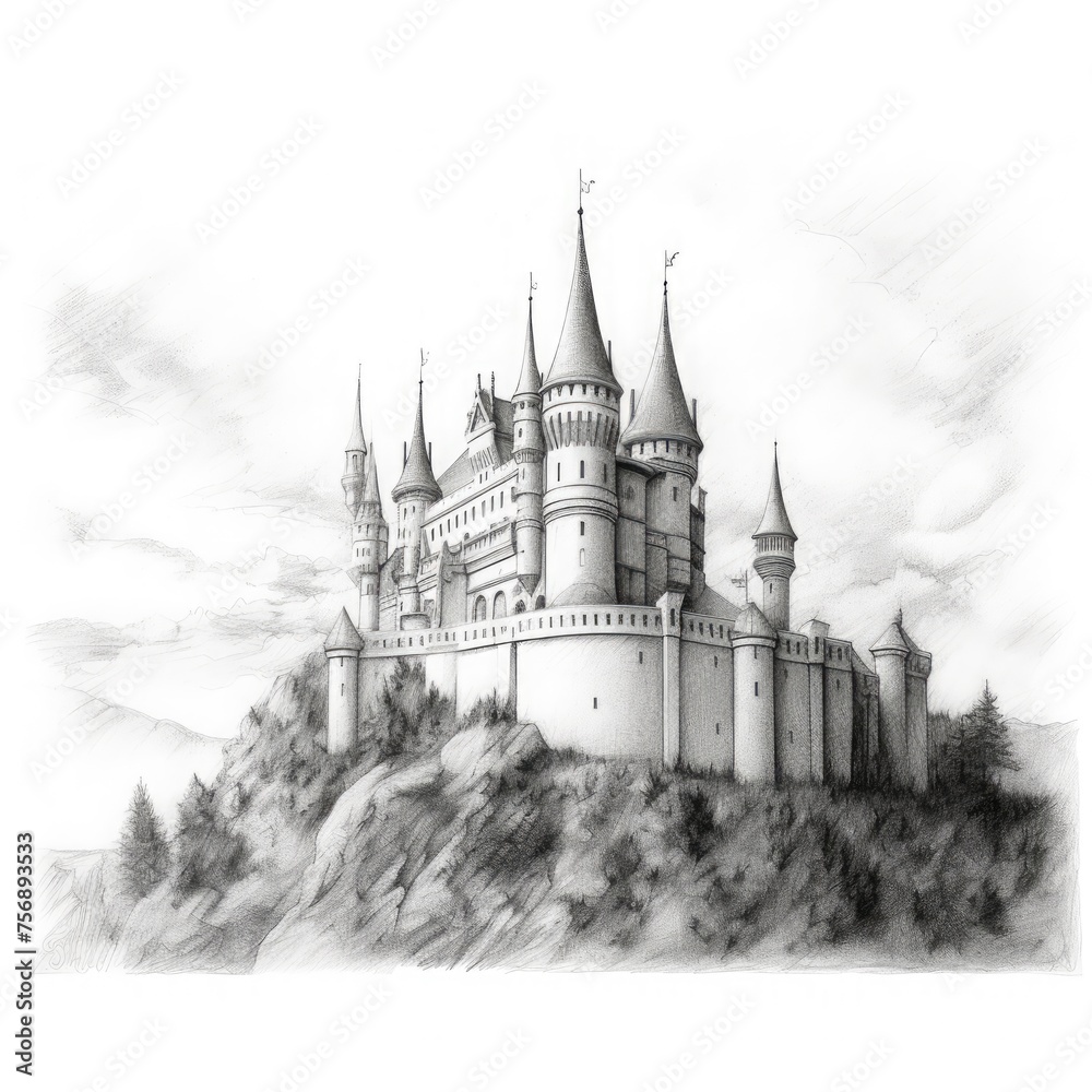 Castle on the hill. Hand-drawn illustration. Black and white.