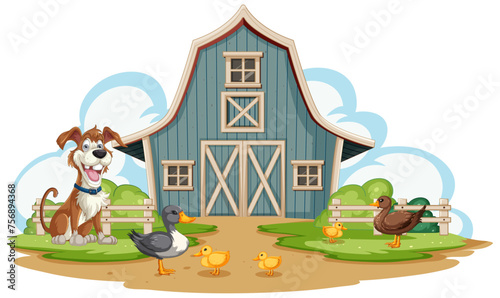 Dog, ducks, and chicks outside a barn