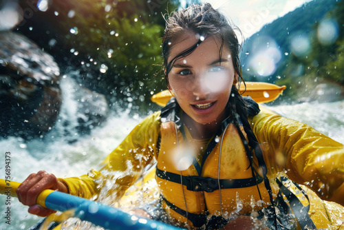 A young beautiful woman in a raft swiftly navigating through a turbulent mountain river © Veniamin Kraskov