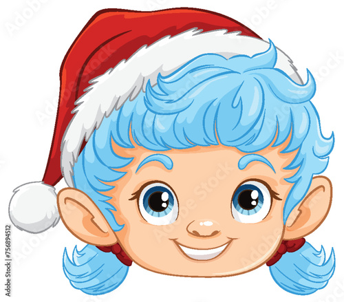 "Smiling elf character wearing a red Santa hat."