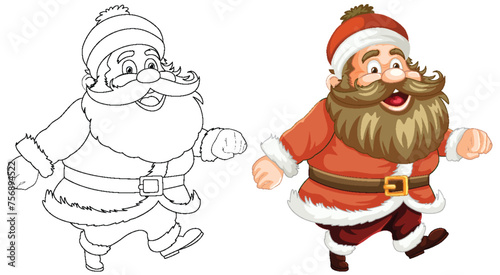 Black and white and colored Santa illustrations side by side.