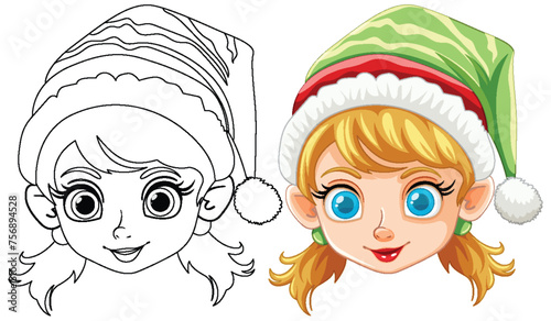 Colorful and outlined elf girl with Christmas hat.