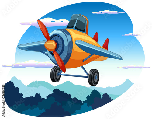 Colorful cartoon airplane flying in a cloudy sky