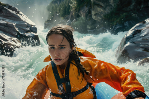 A young beautiful woman in a raft swiftly navigating through a turbulent mountain river © Venka