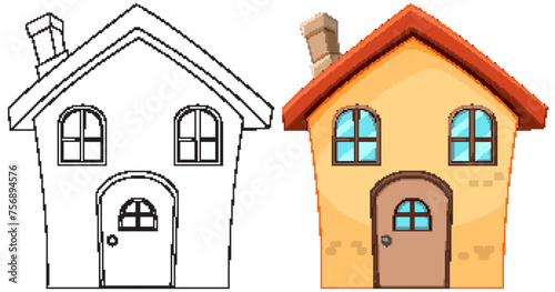 Vector illustration of a house, before and after coloring
