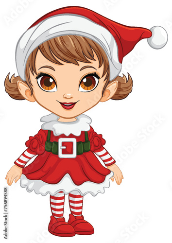 Cute cartoon elf girl in Christmas attire.