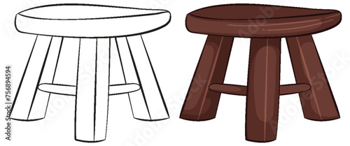 Vector graphic of two wooden stools, colored and outlined.